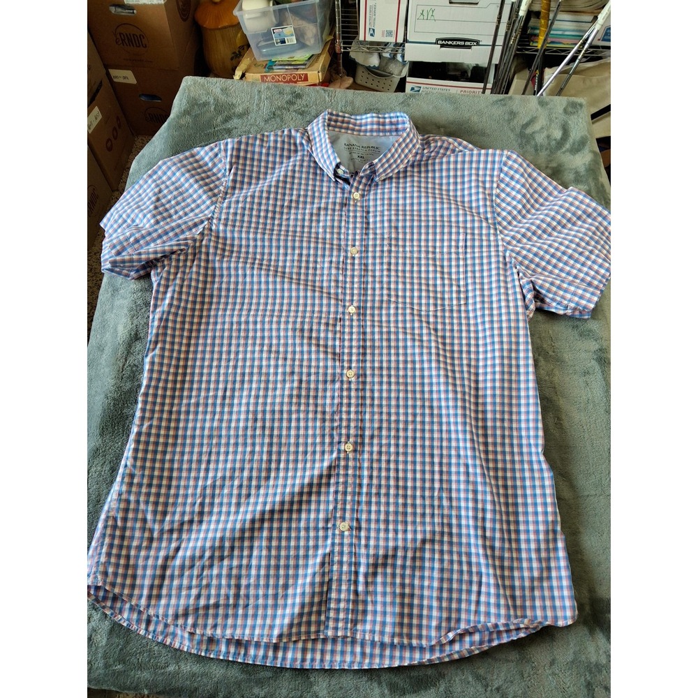 Banana Republic Luxe Stretch Poplin Shirt XXL Tall Grant Slim Fit Gingham Blue
